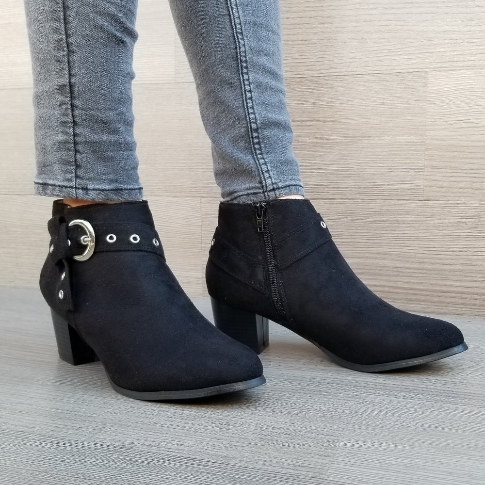 Vegan Suede Ankle Booties with Silver Buckle - Picture 3 of 8